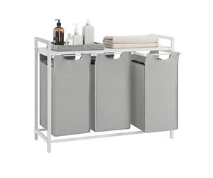 VASAGLE Laundry Basket, 3-Compartment Laundry Hamper, Pull-Out and Removable Liner Bags, Clothes Sorter, Shelf, Metal Frame, 3 x 40 L, 92.5 x 33 x 72 cm, Dove Grey and Matte White BLH301W03