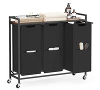 VASAGLE Laundry Basket, 43.5 Gal. (165 L) Laundry Hamper Sorter Cart with 3 Compartments， Storage Shelf, Wheels, Removable Bags, Pockets, Ink Black and Rustic Brown BLH031B01