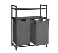 VASAGLE Laundry Basket, Dirty Laundry Basket, Storage 2 Compartments, 2 Removable Oxford Cloth Bags, 2 Shelves, Metal Frame, 46L for Each Bag, Black and Grey BLH211G01