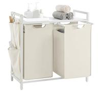 VASAGLE Laundry Basket, 2-Compartment Laundry Hamper, Pull-Out and Removable Liner Bags, Clothes Sorter, Shelf, Metal Frame, 2 x 46 L, 73 x 33 x 72 cm, Cream White and Matte White BLH201W01