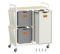 VASAGLE Laundry Hamper with 3 Compartments, 100 L Laundry Sorter, Rolling Laundry Cart with Shelves, Removable Liners, 6 Labels, Natural Beige, Dove Grey and Cream White BLH202G01