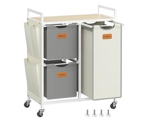 VASAGLE Laundry Hamper with 3 Compartments, 100 L Rolling Cart with Shelves | Laundry Sorter, Removable Liners, 6 Labels, Dove Gray and Natural Beige, STEVIE Collection BLH202G01