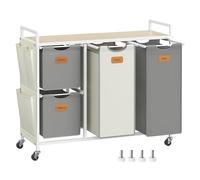 VASAGLE Laundry Hamper with 4 Compartments, 150 L Laundry Sorter, Rolling Laundry Cart with Shelves, Removable Liners, 6 Labels, Natural Beige, Dove Grey and Cream White BLH203G01