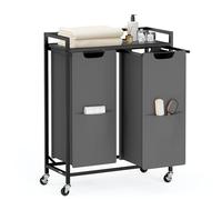 VASAGLE Laundry Sorter, 29 Gal. (110 L) Laundry Hamper Basket with 2 Compartments, Rolling Cart with Wheels, Shelf, Removable Bags, Pockets, Slate Gray and Charcoal Gray UBLH021G01