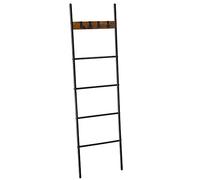 VASAGLE Leaning Display Ladder Shelf, Towel Rack, 5 Tiers, 44 x 160 cm, Space Saving, Steel Frame, 4 Hooks, for Blankets, Towels, Industrial Style, Rustic Brown and Black LLS016B01