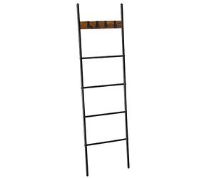 VASAGLE Leaning Display Ladder Shelf, Towel Rack, 5 Tiers, 44 x 160 cm, Space Saving, Steel Frame, 4 Hooks, for Blankets, Towels, Industrial Style, Rustic Brown and Black LLS016B01