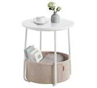 VASAGLE LET223W10 Small Round Coffee Table, Side Table with Fabric Basket, Storage for Living Room, Bedroom, Modern Style, Matte White and Camel Brown