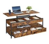 VASAGLE Lift Top Coffee Table, Living Room Table, with Storage Drawers, Hidden Compartments, and Open Shelf, 50 x 120 cm, Rustic Brown and Ink Black