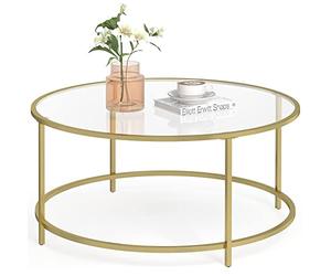 VASAGLE Living Room Coffee Table Living Room Glass AER Frame Round Coffee Table Gold LGT21G