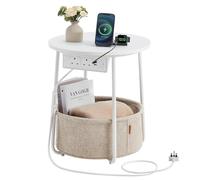 Side Table with Power Outlets, Matte White + Camel Brown