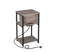 VASAGLE Side Table with Charging Station, 3-Tier | Thin Bedside Table, 34 x 30 x 58 cm, 2 AC Outlets, 2 USB Ports, Heather Greige and Matte Black, Barnet Collection, LET374B02