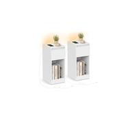 Slim bedside table with charging station LED light and storage drawer, Oak Beige + Cloud White / 1