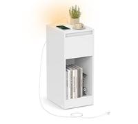 Slim bedside table with charging station LED light and storage drawer, Cloud White / 2