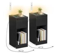 Slim bedside table with charging station LED light and storage drawer, Ebony Black / 2