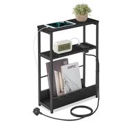 VASAGLE Slim Side Table with Charging Station, 3-Tier Narrow Bedside Table, End Table for Small Spaces, Magazine Rack, for Living Room, Bedroom,