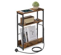 VASAGLE Slim Side Table with Charging Station, 3-Tier Narrow Bedside Table, End Table for Small Spaces, Magazine Rack, for Living Room, Bedroom, Study, Rustic Brown and Ink Black LET335K03