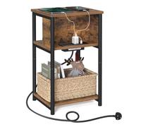 Narrow Bedside Table with Charging Station, Rustic Brown + Black