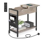VASAGLE Slim Side Table with Charging Station, Storage, USB Ports | Narrow Bedside Table, Outlets, Fabric Bags, for Living Room, Bedroom, Beige and Black, BARNET Collection LET309B02