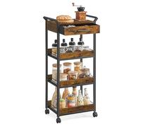 VASAGLE Storage Trolley, 4-Tier Cart with Table Top, Drawer, Mesh Shelves | Handles, 4 Lockable Castors, for Kitchen, Bathroom, Bedroom, Rustic Brown and Matte Black, DACEY Collection LRC049K01