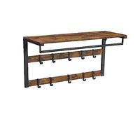 VASAGLE Wall-Mounted Coat Rack, Wall Shelf with 10 Removable Hooks, Clothes Rail, Coat Hooks with Shelf, for Entryway, Bedroom, Bathroom, Rustic Brown and Black LCR201B01