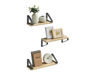 VASAGLE Wall Shelves, Floating Shelves Wall Mounted, Set of 3, 2 Mounting Ways, 30/35/40 cm, for Living Room, Bathroom, Kitchen, Golden Oak and Matte