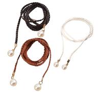 VASANA 3Pcs 140CM/55 Inch Length PU Leather Braided Waist Belt with Pearl Thin Dress Chain Belts Woven Rope Belts for Women Skirt Dress Pants (Black+White+Brown)