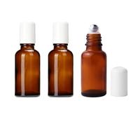 VASANA 3Pcs 30ml/1oz Empty Refillable Amber Glass Roller Bottle with Stainless Steel Roller Balls and White Cap Travel Roll on Bottle DIY Perfume Bottles Container for Essential Oil Lip Balms