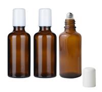 VASANA 3Pcs 50ml/1.7oz Empty Refillable Amber Glass Roller Bottle with Stainless Steel Roller Balls and White Cap Travel Roll on Bottle DIY Perfume Bottles Container for Essential Oil Lip Balms