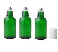 VASANA 3PCS 50ml Empty Refillable Green Glass Essential Oil Roll On Bottles Cosmetic Sample Packing Jars Pots with Metal Roller Ball And White Cap For Essential Oil Perfume