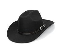 VASANA Black Felt Western Cowboy Hat with Belt Buckle Class Roll Up Wide Brim Fedora Hat Cowgirl Jazz Cap for Women Men