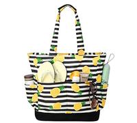 VASCHY Beach Bag, Water Resistant Large Women's Lightweight Foldable Summer Shoulder Bag with Zip and Multi-Pockets for Holidays, Travel, Beach, Pool, Shopping, Gym, 17.3 L, Striped Pineapple C,