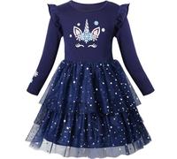 VASCHY Blue Unicorn Dress for Girls, Tulle Dress Cotton Ruffle Sleeve Princess Birthday Party Outfit Clothes,Toddler/Little/Big Kid Girls 9T