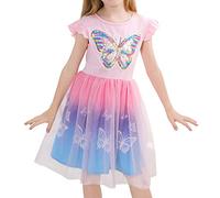 VASCHY Butterfly Dress for Girls, Pink, Size 6T, 3-10 Years, Female, Mini, 24.4cm W x 23.6cm L x 45cm H, Dress, Princess, Ruffle Sleeves, Sequin Detailing, Spring-Summer, Formal, Cotton, Polyester