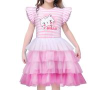 VASCHY Cat Tutu Dress for Girls, Cute Summer Tulle Dress Cotton Ruffle Sleeve Princess Birthday Outfit Clothes,Toddler/Little/Big Kid Girls Clothing Pink 9T