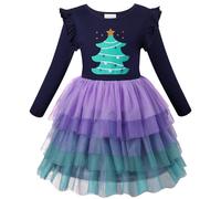 VASCHY Christmas Dress for Girls, Cute Tulle Dress Cotton Ruffle Sleeve Princess Birthday Party Outfit Clothes,Toddler/Little/Big Kid Girls Purple 6T