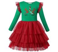 VASCHY Christmas Dress for Girls, Tulle Dress Cotton Ruffle Sleeve Princess Birthday Party Outfit Clothes,Toddler/Little/Big Kid Girls Green 7T