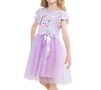 VASCHY Dinosaur Dress for Girls, Striped Top Ruffle Sleeves Light Purple Bow Tulle Skirt Clothes for Toddler/Little/Big Kid Girls Clothing Size 7T