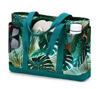 VASCHY Large Beach Bag with Zip, 30L Oversized Utility Travel Tote Bags for Women Waterproof Sandproof Summer Bag with Wet bag Foldable Handbag for Holiday Pool Gym Shopping Green Leaves