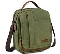 VASCHY Man Bag, Water Resistant Canvas Shoulder Bag Mens Small Messenger Bag with Multiple Pockets and Genuine Leather Top Handle Satchel Bag for Women Fits 8 Inch Ipad，Phones(Green)