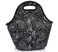 VASCHY Neoprene Lunch Bag for Women, Thermal Lunch Bag Lunch Tote for School, Office, Outdoor with Detachable Shoulder Strap (Black Paisley)