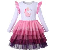 VASCHY Pink Dinosaur Dress for Girls, Tulle Dress Cotton Ruffle Sleeve Princess Birthday Party Outfit Clothes,Toddler/Little/Big Kid Girls 9T