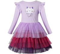 VASCHY Purple Cat Dress for Girls, Tulle Dress Cotton Ruffle Sleeve Princess Birthday Party Outfit Clothes,Toddler/Little/Big Kid Girls 6T