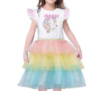VASCHY Ranibow Tutu Dress for Girls, Cute Summer Tulle Dress Cotton Ruffle Sleeve Princess Birthday Outfit Clothes,Toddler/Little/Big Kid Girls Clothing Unicorn 8T