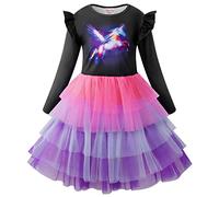VASCHY Unicorn Dress for Girls, Cute Girls Sequin Tulle Ruffle Sleeve Princess Outfit Party Clothes,Toddler/Little/Big Kid Girls Clothing Size 6T