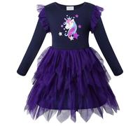 VASCHY Unicorn Dress for Girls, Cute Tulle Dress Cotton Ruffle Sleeve Princess Birthday Party Outfit Clothes,Toddler/Little/Big Kid Girls Purple 6T