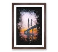 Vasco da Gama Bridge in Portugal Abstract Paint Splash Framed Print | A2 Walnut Framed Wall Art | Ready to Hang | Abstract Cityscape Picture | Living Room Bedroom Lounge Office