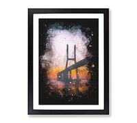 Vasco Da Gama Bridge In Portugal Abstract Paint Splash Modern Framed Wall Art Print, Ready to Hang Picture for Living Room Bedroom Home Office Décor, Black A4 (34 x 25 cm)