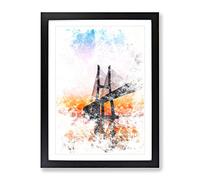 Vasco Da Gama Bridge In Portugal Abstract Watercolour Modern Framed Print | A2 Black Framed Wall Art | Ready to Hang | Abstract Cityscape Picture | Living Room Bedroom Lounge Office