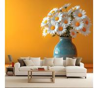 Vase 3D Wall Murals, Shasta Daisy Yellow Background Photo Wallpaper, Non-Woven Premium Art Print Fleece Wall Mural Decoration Poster Picture Design Modern 300X210cm