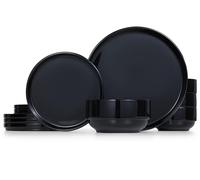 Vase and Vessel Ceramic Dinnerware Set, 12-Piece Service for 4, Soup Bowls (31.5 oz), Salad Plates (7.5"), Dinner Plates (10.5"), Round, Microwave and Dishwasher Safe, Cambridge Classics (Black)